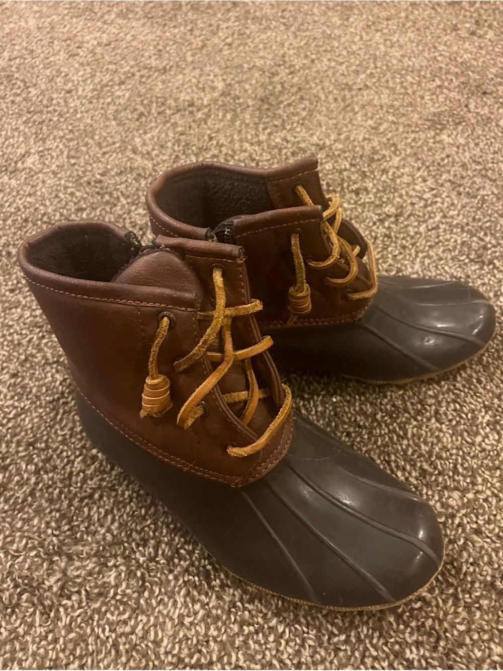 Sperry Brown Leather and Black Rubber Duck Boots with Tan Laces